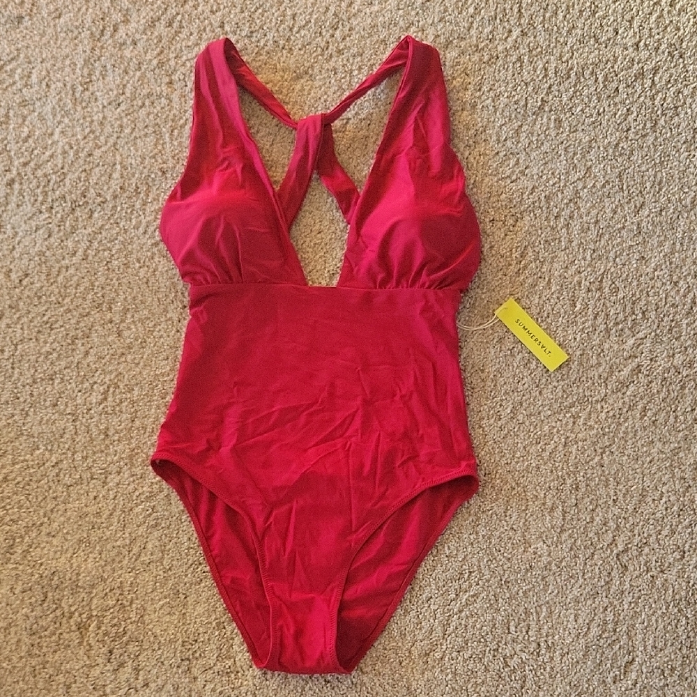 summersalt Deep V One-Piece Swimsuit in Vibrant Red